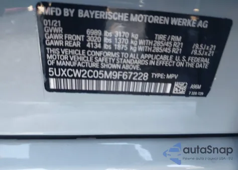 2021 BMW X7 xDrive40I z USA, uszkodzony, nr VIN 5UXCW2C05M9F67228